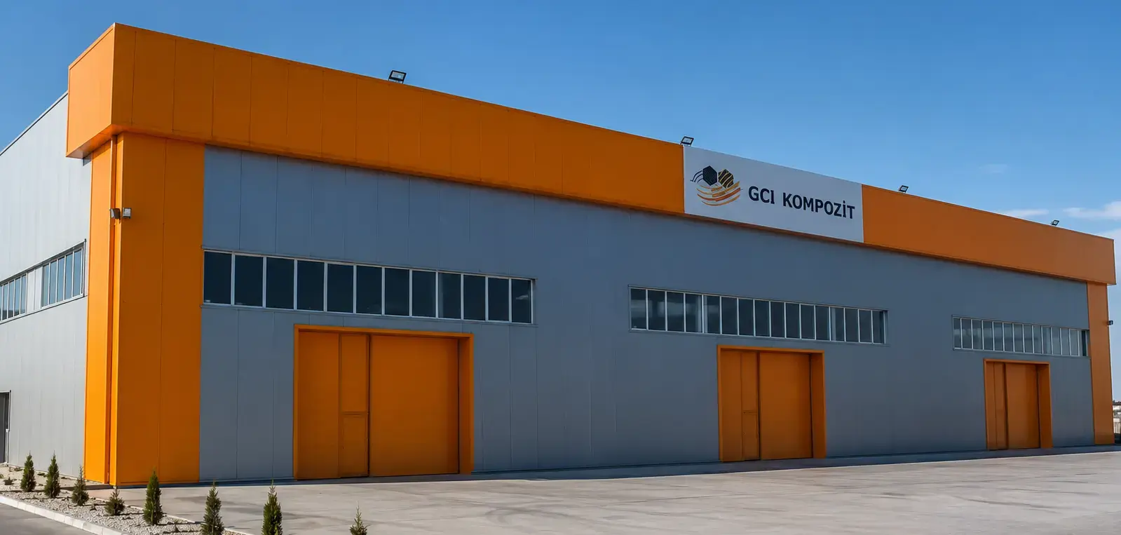 The GCI Kompozit composite parts manufacturing facility, a grey and orange industrial building with loading bays under a clear sky